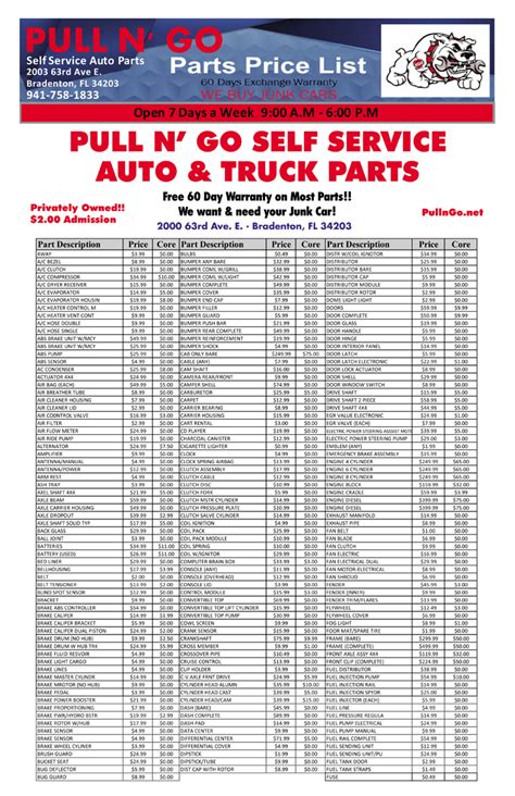 junkyard parts price list.